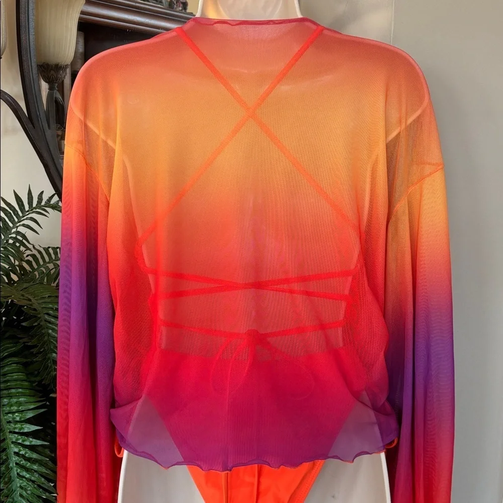 NWOT Orange Plunge One Piece Tie Back Swimsuit w/ Long Sleeve Ombre Mesh CoverUp